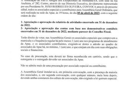 imagem EDITAL PARA CONVOCAÇÃO PARA ASSEMBLEIA GERAL ORDINÁRIA