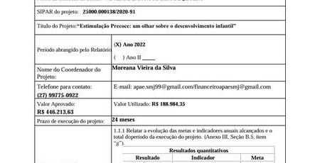 imagem FORMULÁRIO DE APRESENTAÇÃO DE PRESTAÇÃO DE CONTAS ANUAL 2022 PROJETO PRONAS / PCD: ESTIMULAÇÃO PRECOCE - UM OLHAR SOBRE O DESENVOLVIMENTO