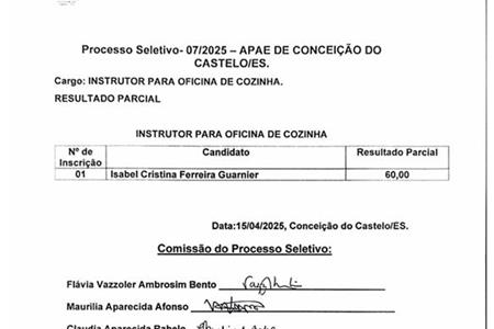imagem RESULTADO PARCIAL PROCESSO SELETIVO EDITAL Nº07/2025