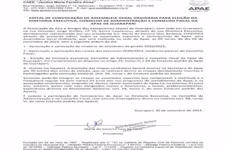 imagem EDITAL DE CONVOCAÇÃO DE ASSEMBLEIA GERAL ORDINÁRIA PARA ELEIÇÃO DA DIRETORIA EXECUTIVA, CONSELHO DE ADMINISTRAÇÃO E CONSELHO FISCAL DA APAE DE GUARAPARI - TRIÊNIO 2023/2025