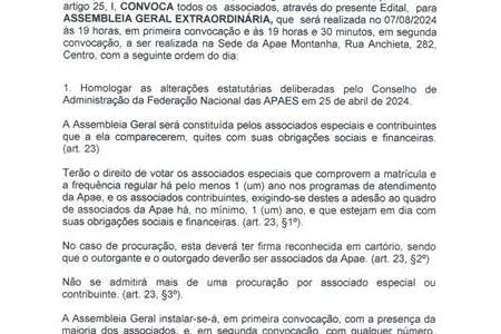 imagem EDITAL PARA CONVOCAÇÃO PARA ASSEMBLEIA GERAL EXTRAORDINÁRIA