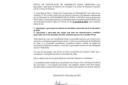 imagem EDITAL PARA CONVOCAÇÃO PARA ASSEMBLEIA GERAL ORDINÁRIA