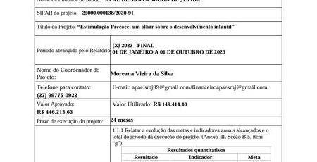 imagem FORMULÁRIO DE APRESENTAÇÃO DE PRESTAÇÃO DE CONTAS ANUAL 2023 PROJETO PRONAS / PCD: ESTIMULAÇÃO PRECOCE - UM OLHAR SOBRE O DESENVOLVIMENTO