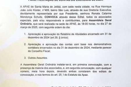 imagem Edital de convocação de Assembleia Geral Ordinária para prestação de contas do exercício de 2024